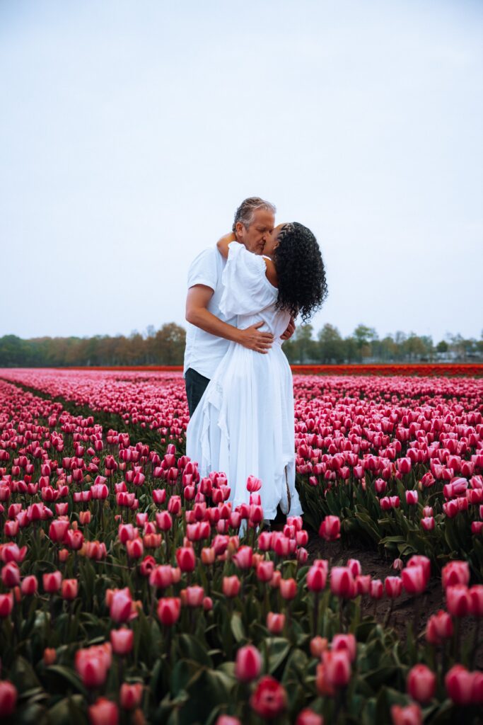 Couple embraces in a pink tulip field in the Kuekenhof Gardens in Amsterdam