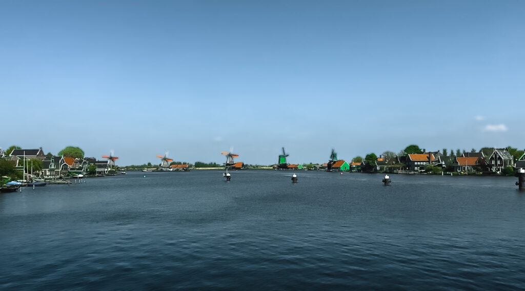 View of the Zaanse Schans Windmills in Amsterdam