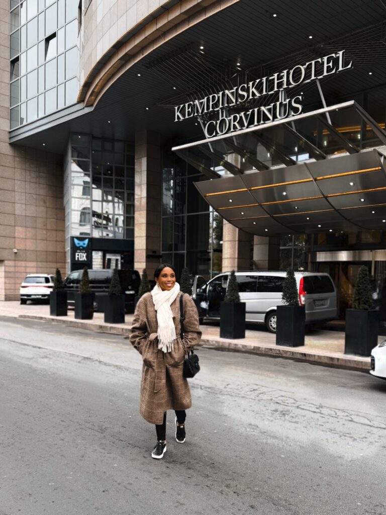 Zee James outside Kempinski Hotel Corvinus Budapest heading to the Christmas Market in Budapest