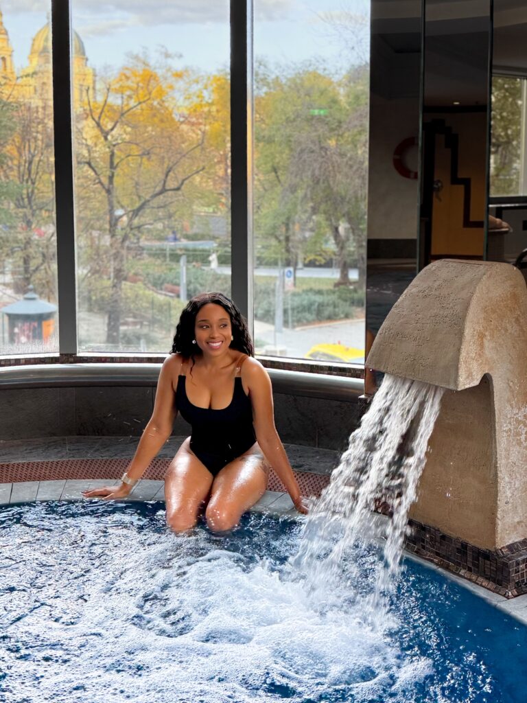 Zee James relaxing at Kempinski Hotel Budapest indoor pool and spa after a day of walking through Budapest Christmas Markets.
