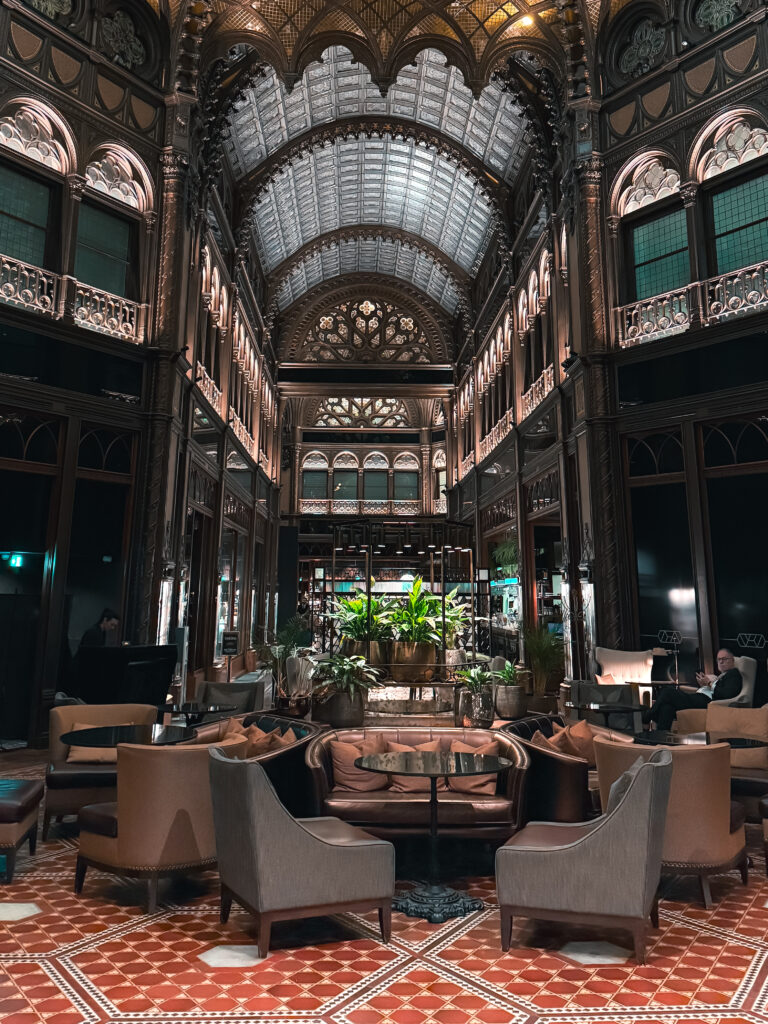 Elegant interior of Párisi Udvar Hotel Budapest with ornate architecture that's just pefect for a holiday in Budapest