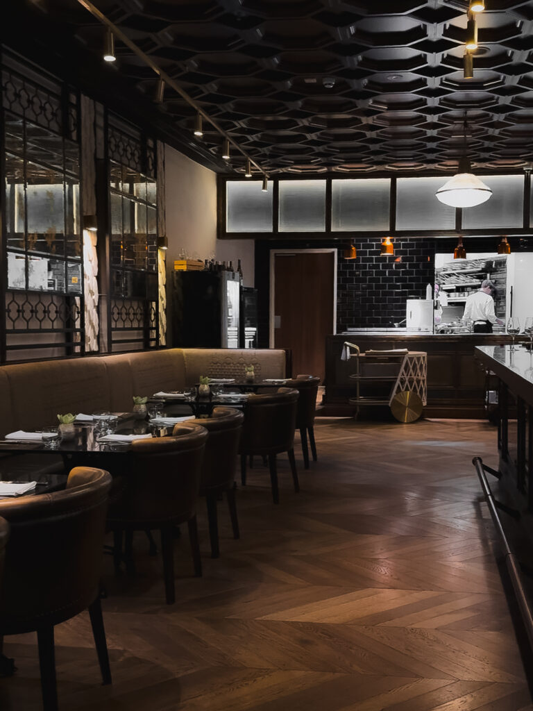 Empty restaurant at Párisi Udvar Hotel Budapest, where the holiday buffet breakfast, lunch and dinner is served.